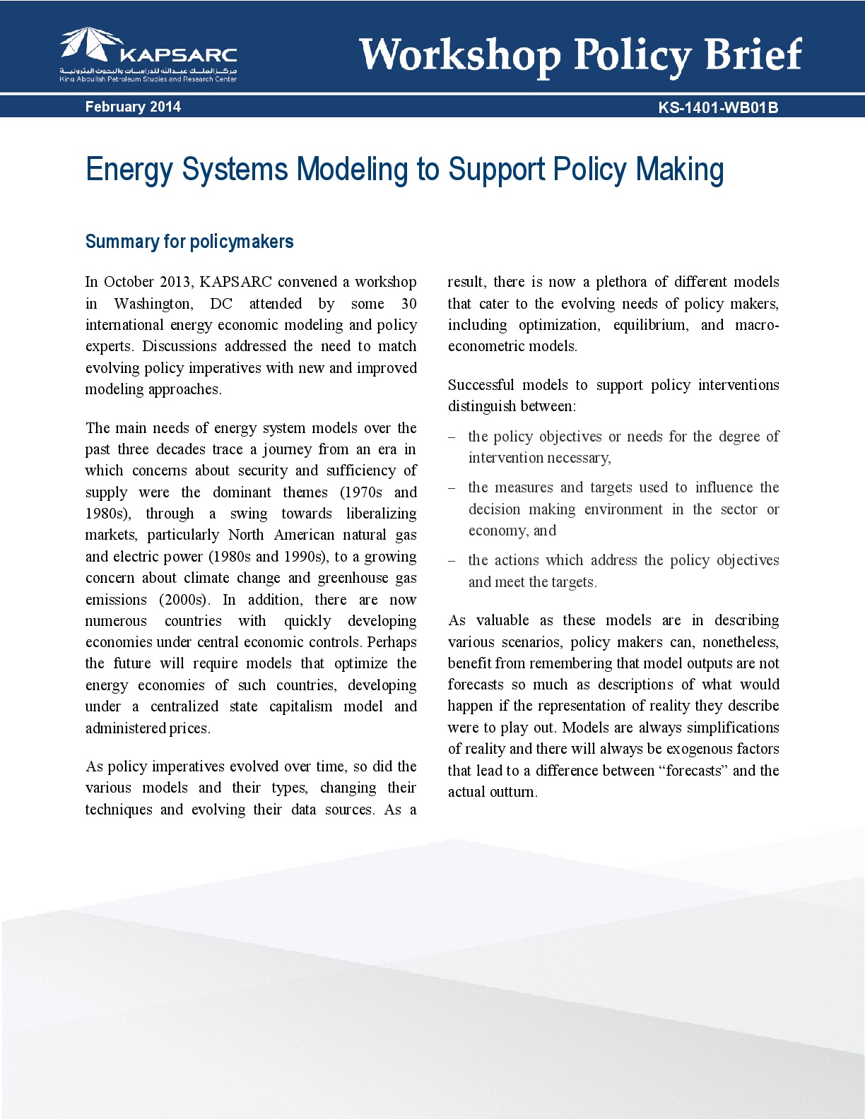 Energy systems modeling to support policy making (1)