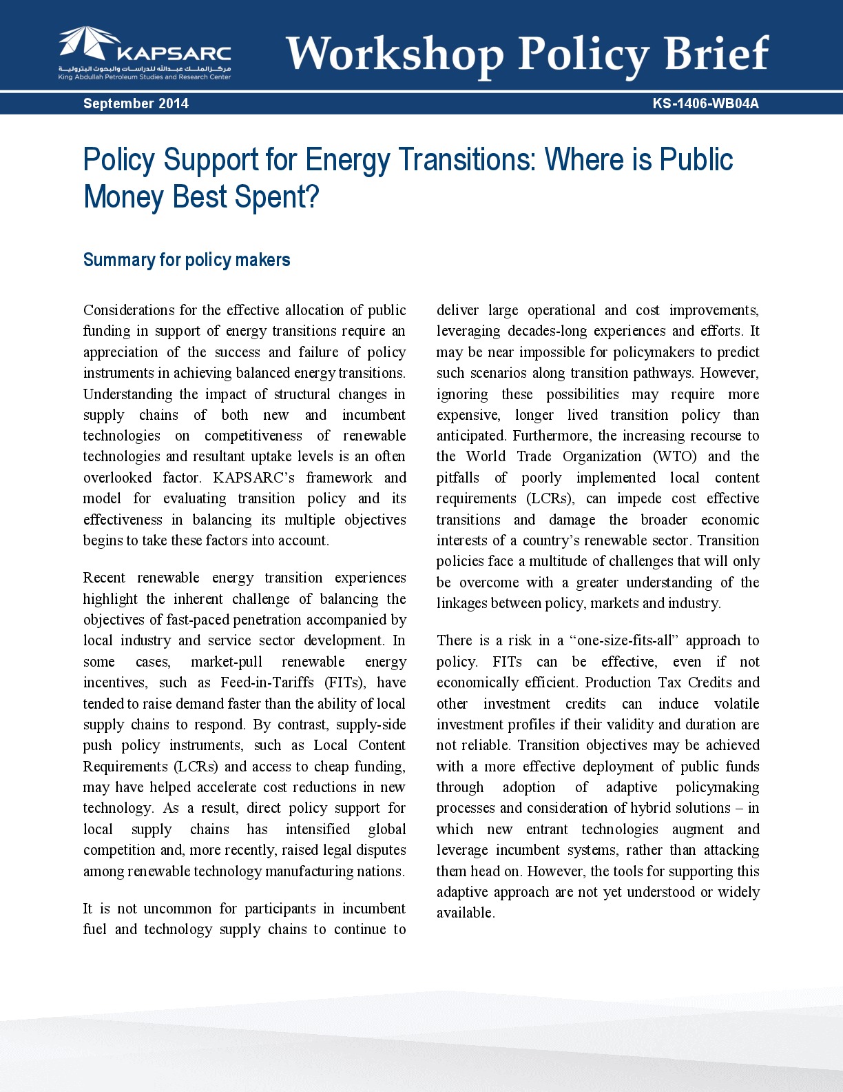 Policy Support for Energy Transitions: Where is Public Money Best Spent? (1)