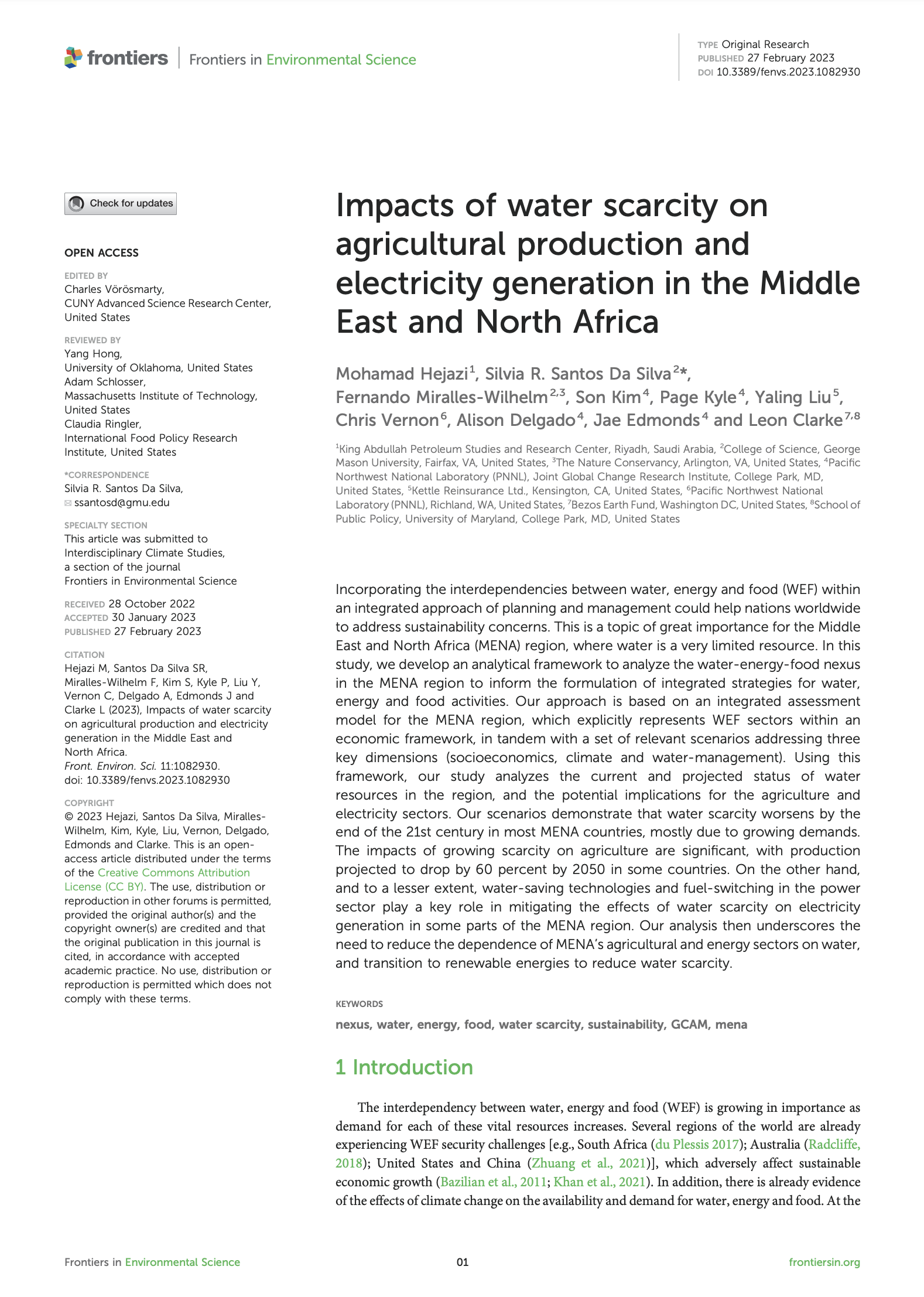 Impacts of Water Scarcity on Agricultural Production and Electricity Generation in the Middle East and North Africa