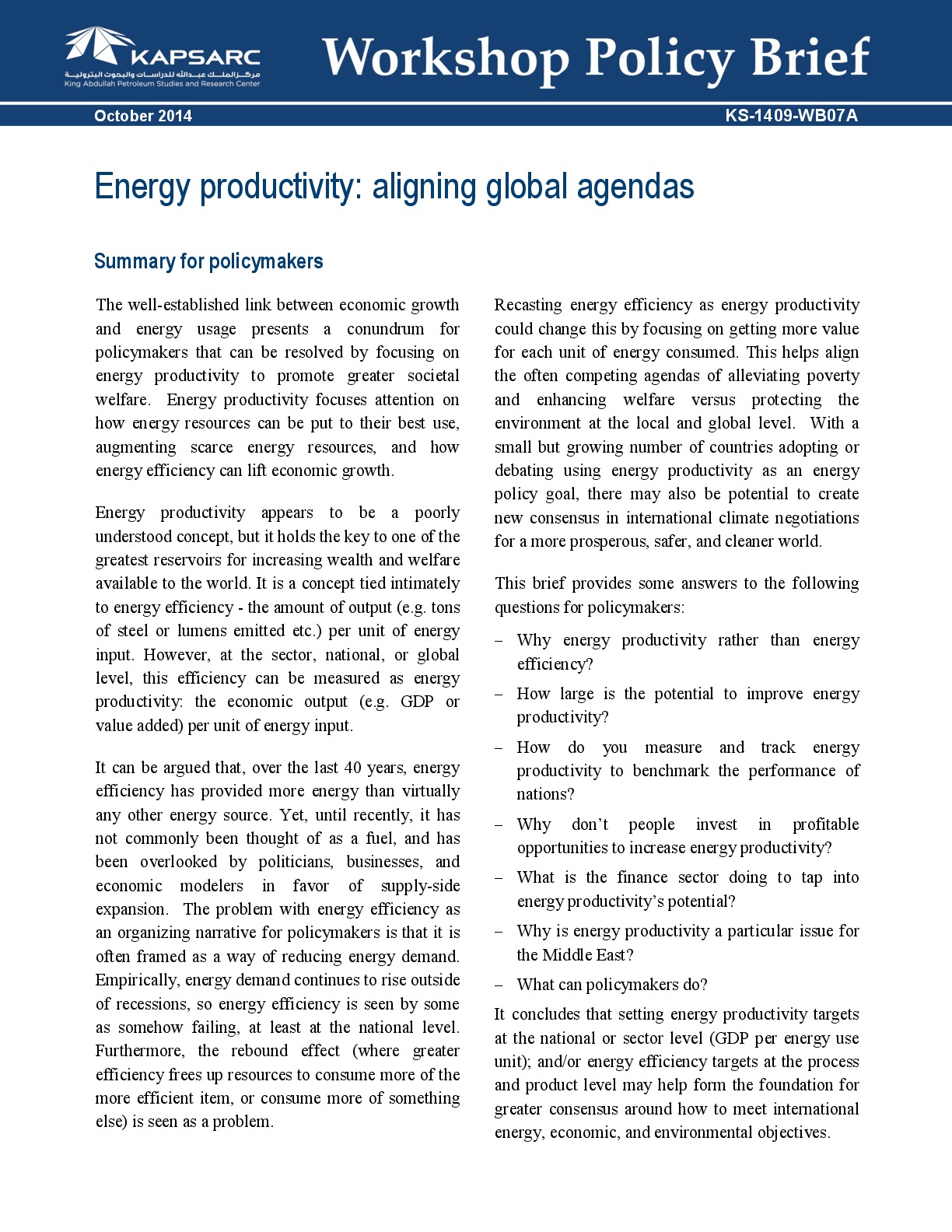 Energy productivity: aligning global agendas (1)